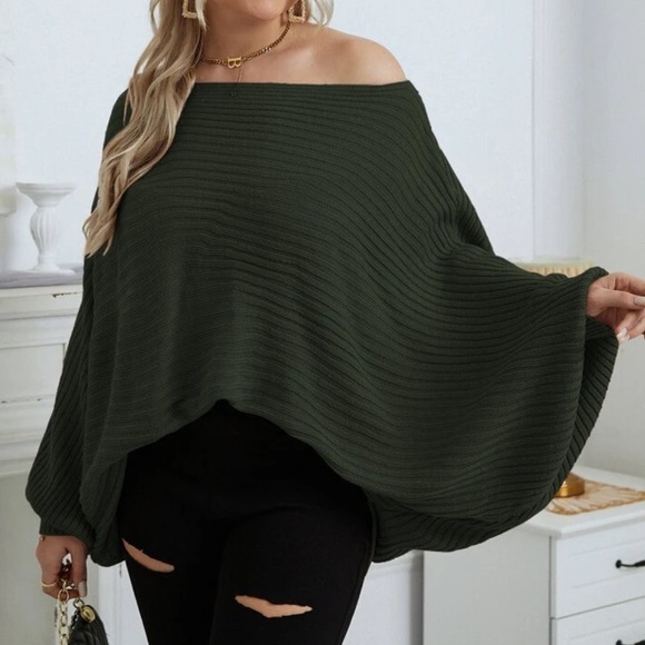 Black plus size dolman sleeve ribbed knit sweater - Picture 3 of 16